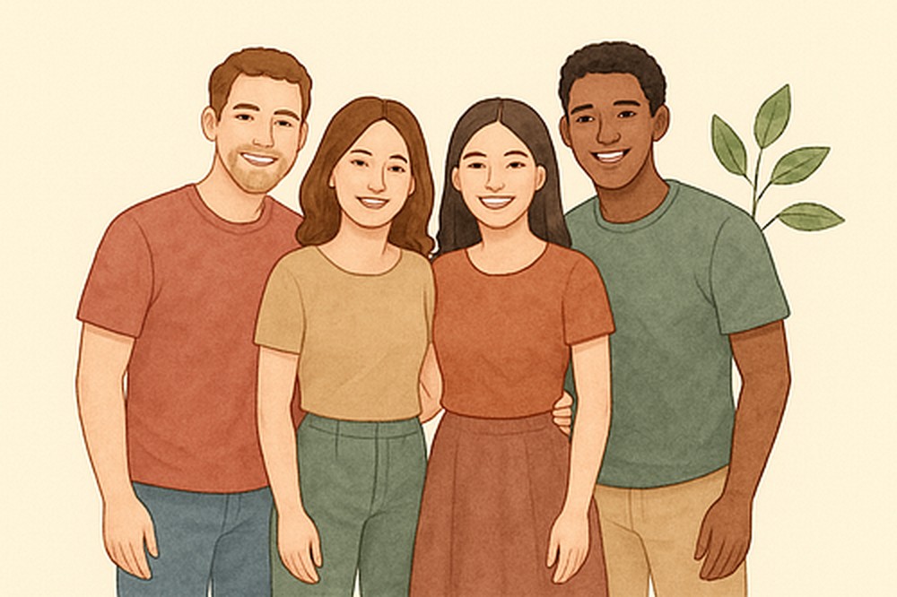 Illustration of a smiling family group, for Italian family and free-time vocabulary