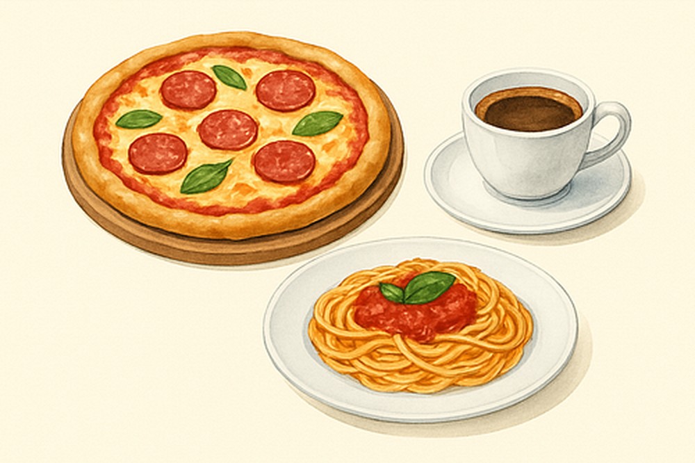 Pizza, spaghetti with tomato sauce and an espresso: classic Italian food