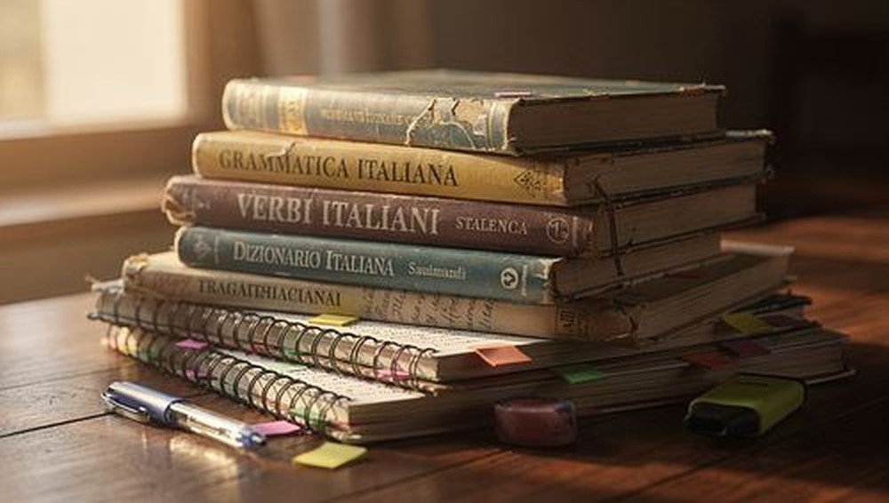 Stack of Italian grammar and verb books on a wooden desk