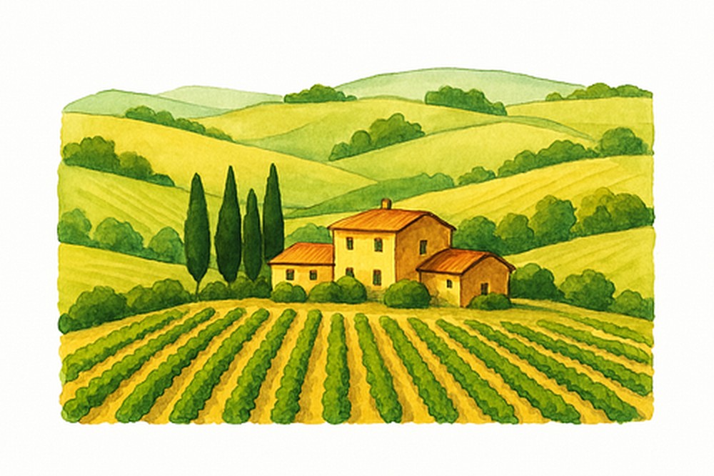 Green Tuscan hills with a farmhouse and cypress trees, for regional differences in Italian