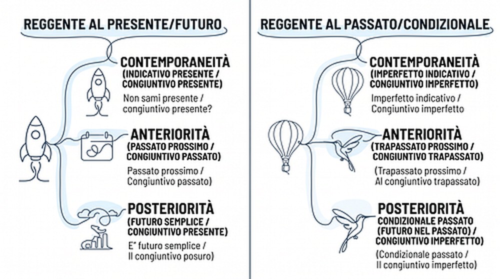 Diagram of the Italian sequence of tenses: contemporaneity, anteriority and posteriority