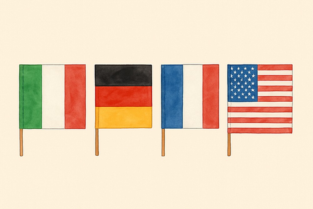 Flags of Italy, Germany, France and the USA side by side