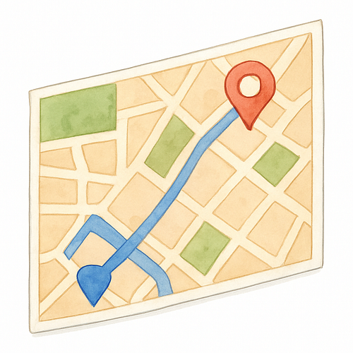 Una mappa con un percorso e dei segnaposto, esempio di preposizioni articolate di luogo (nel, sul, dal)