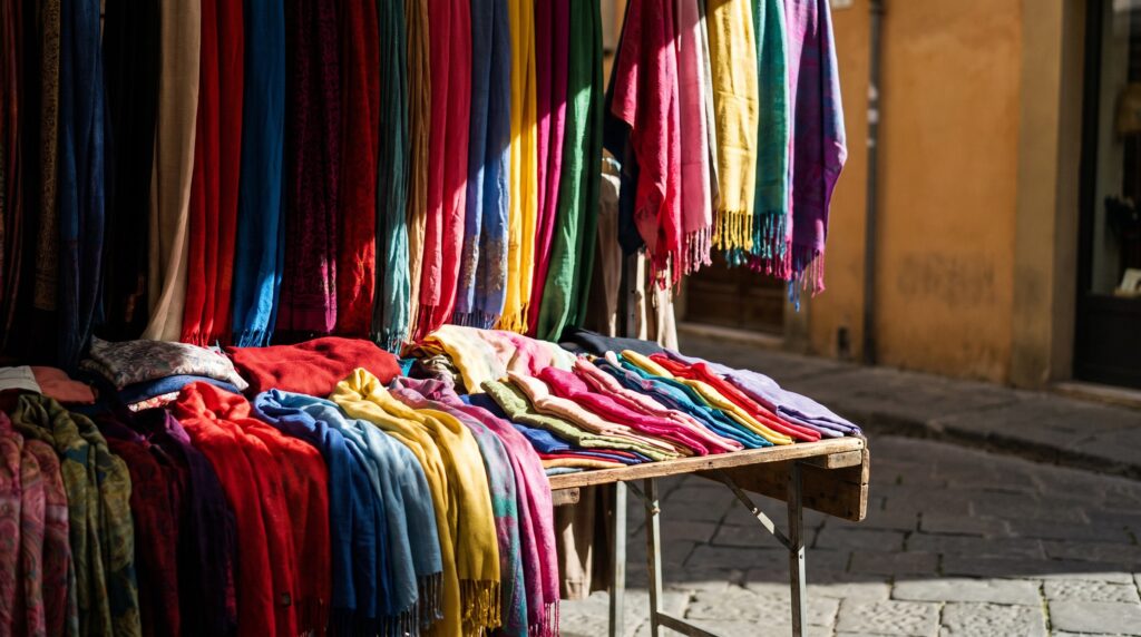 Bancarella di un mercato italiano con sciarpe e vestiti di molti colori, per imparare gli aggettivi qualificativi e i colori in italiano