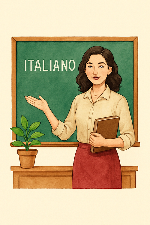 Teacher at the blackboard with the word ITALIANO