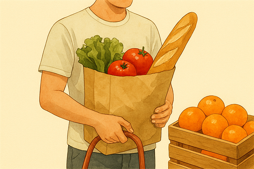 A shopping bag with bread, vegetables and oranges, an example of the Italian partitive article (del pane, delle arance)