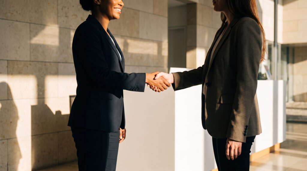Due persone si stringono la mano in un ufficio luminoso, per scegliere tra il tu e il Lei di cortesia in italiano