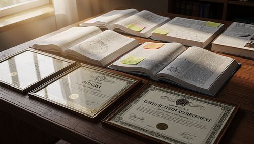 Diplomas and Italian language certificates laid out on a table