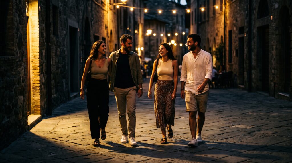 Un gruppo di amici esce insieme la sera in una via di un borgo italiano, per imparare i verbi irregolari venire, uscire e dire