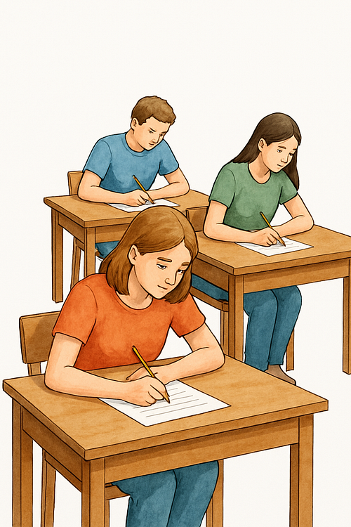 Students taking a written exam in a classroom
