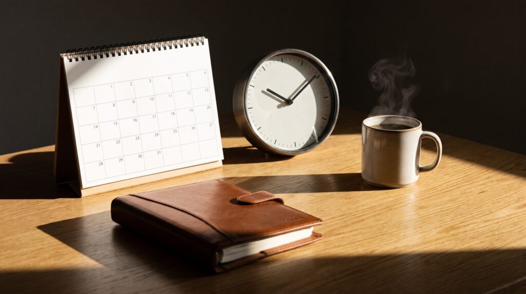 Calendario, orologio analogico e tazza di caffè su una scrivania, per imparare a dire l'ora, i giorni, i mesi e le date in italiano
