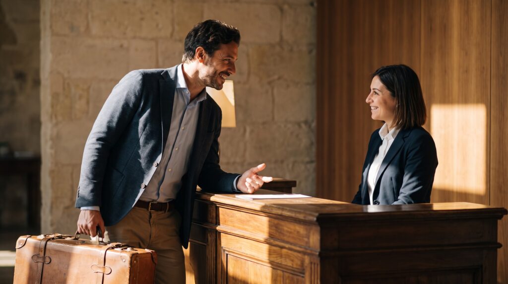 Una viaggiatrice con la valigia fa una domanda alla receptionist di un hotel, per imparare domande e negazioni in italiano