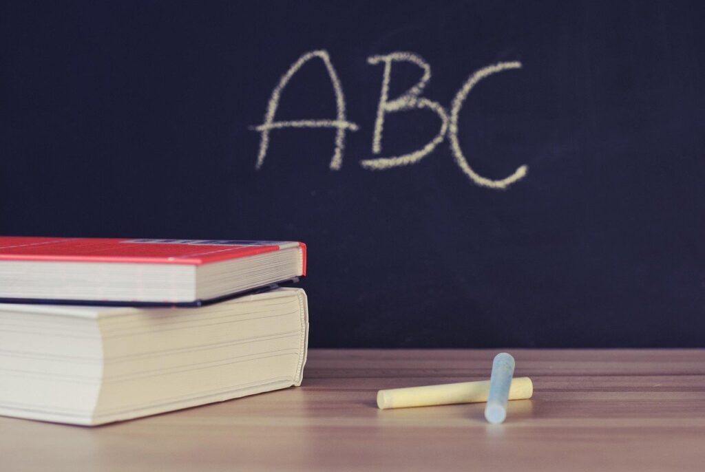 Chalkboard with ABC and books, an image for the A1 writing assessment rubric