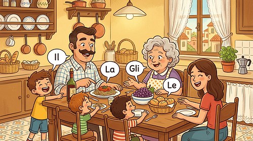 Family sitting around a table with speech bubbles showing the Italian articles il, la, gli and le