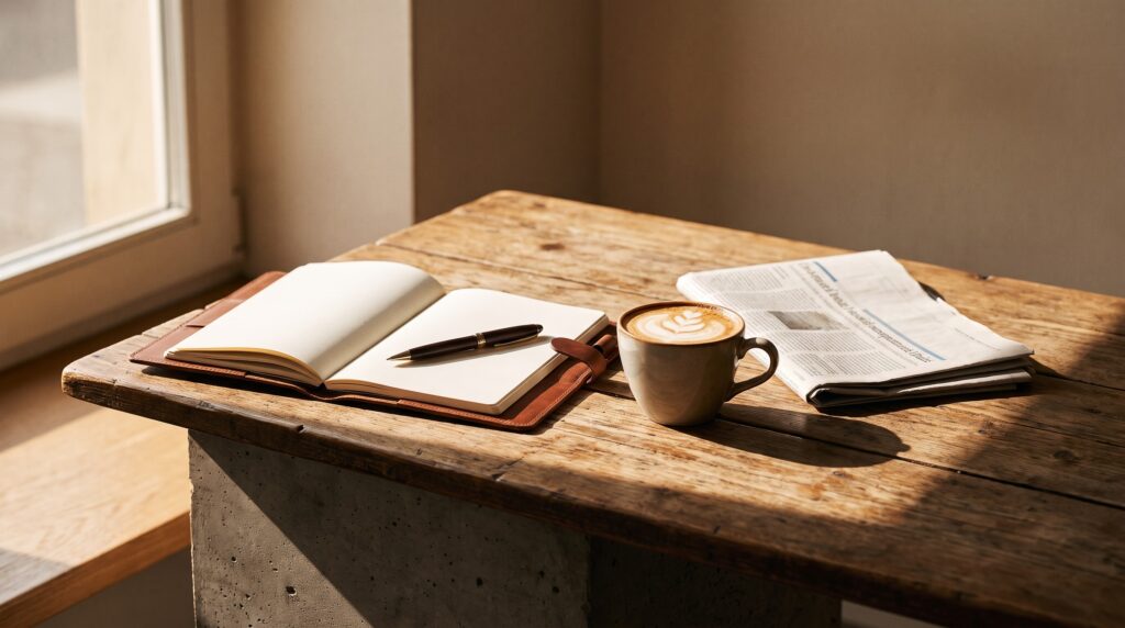 Quaderno aperto con penna, cappuccino e giornale su un tavolo di legno in un caffè, per studiare il presente dei verbi in -ere
