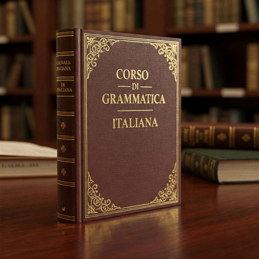 Libro di grammatica italiana rilegato in pelle su una scrivania, per imparare i verbi essere e avere