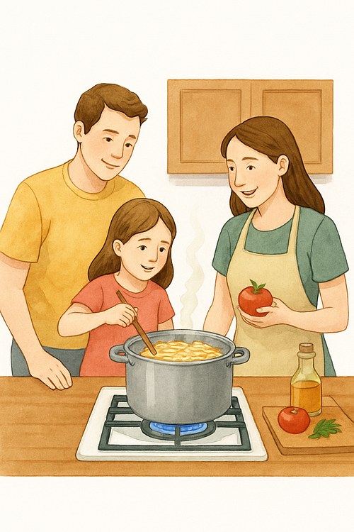 Illustration of an Italian family cooking together in the kitchen, to learn family vocabulary in Italian
