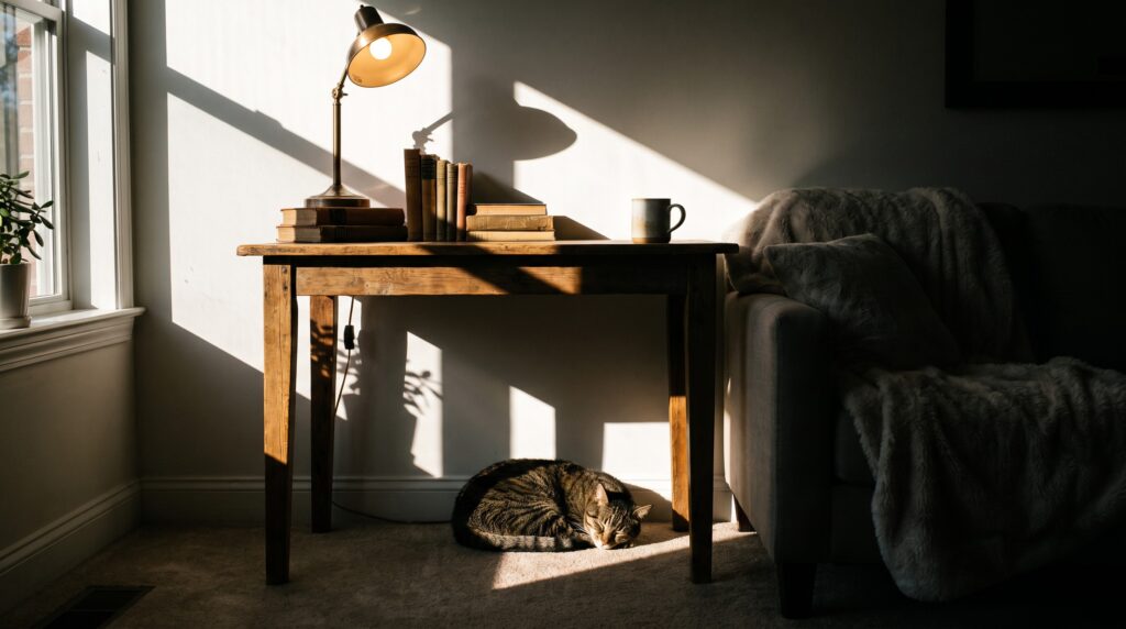 Un gatto seduto sotto un tavolo di legno con libri e una lampada sopra, vicino alla finestra, per imparare le preposizioni di luogo in italiano