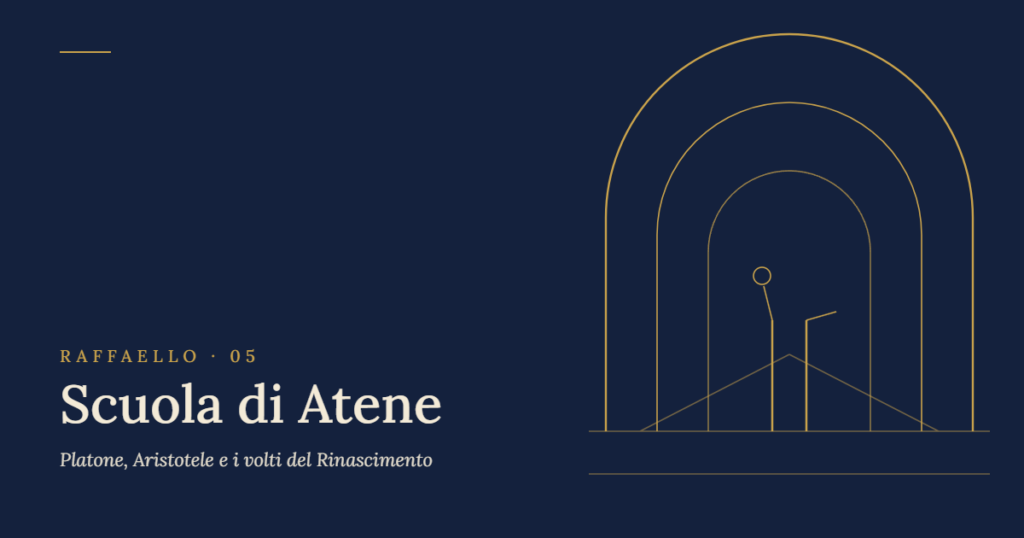 Scuola di Atene Raffaello: illustrazione originale con archi in prospettiva e due figure al centro