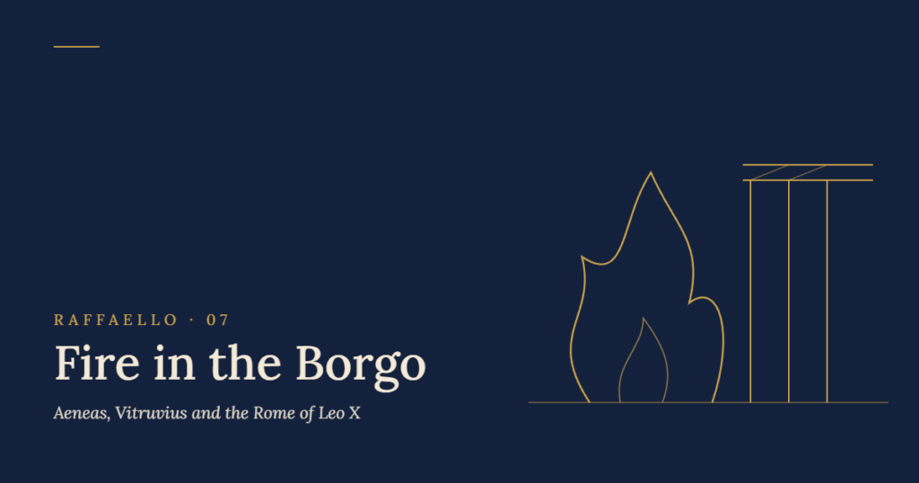 Raphael Fire in the Borgo: original illustration with flames and columns
