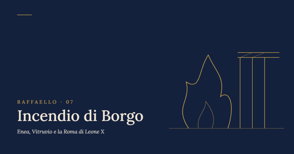 Incendio di Borgo Raffaello: illustrazione originale con fiamme e colonne