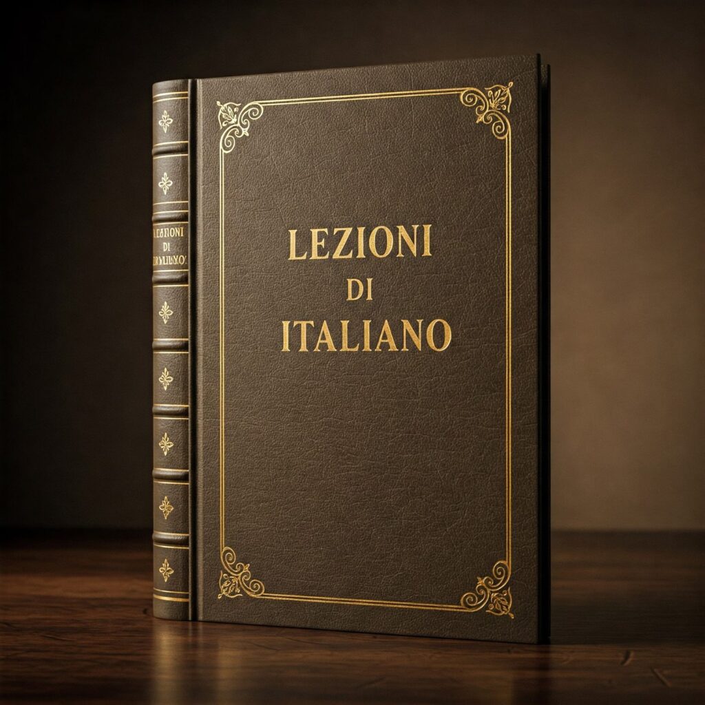 A book titled Lezioni di Italiano on a wooden table, for learning the present tense of -are verbs